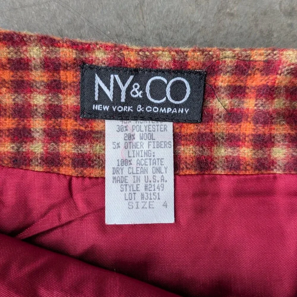 Vintage NY&CO Orange Plaid Wool Blend Mid Mod Belted Wrap Mini Skirt size 4 - Picture 6 of 8